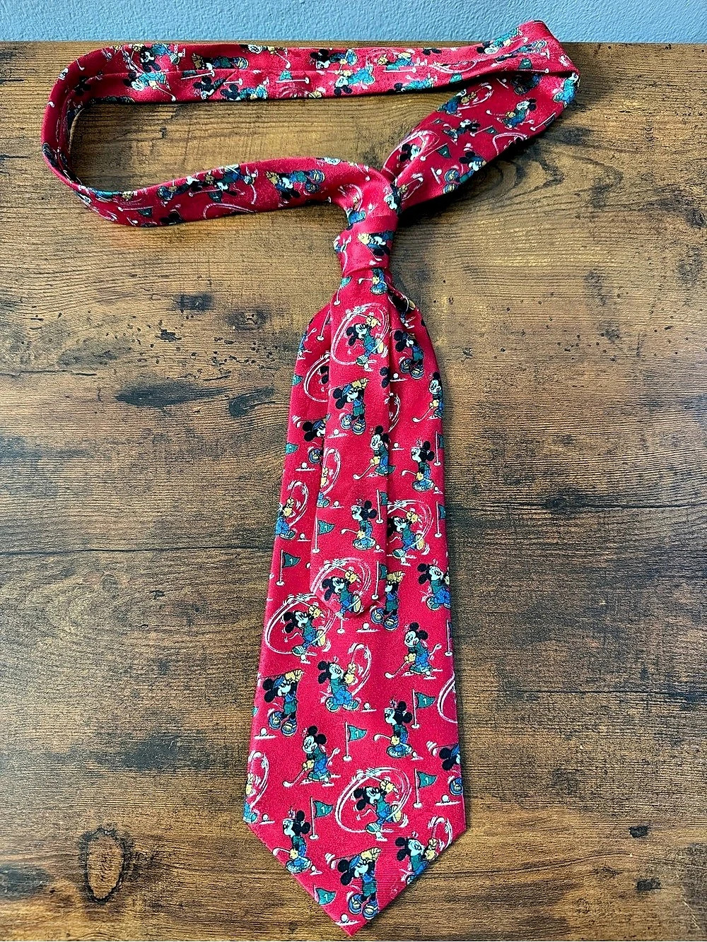 Vintage 1990s Disney Mickey Unlimited Red Golf Mickey Mouse Polyester Tie vtg